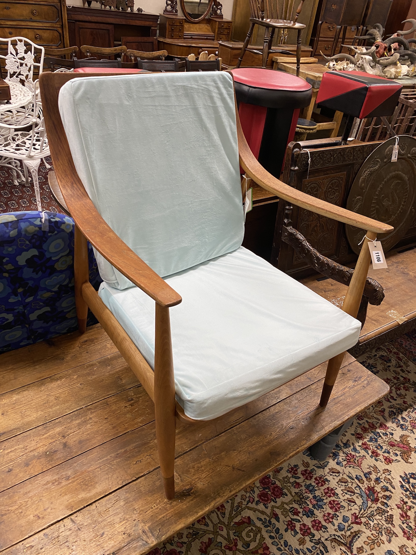 A mid century France & Son teak armchair, with 'slot together frame' width 64cm, depth 68cm, height 83cm